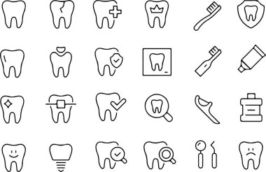 Diş sağlığı diş macunu diş fırçasının pikseldeki mükemmel ikonu. Beyaz ve şeffaf arkaplanda izole edilmiş ince çizgi simgeleri düz vektör çizimleri