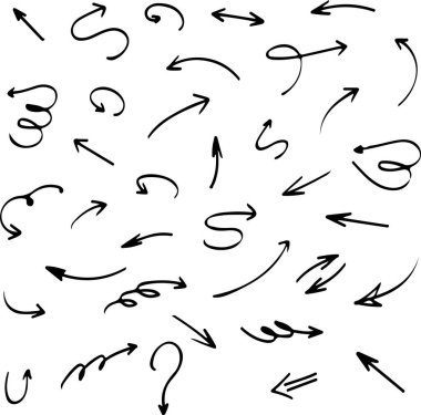 Piksel mükemmel bir el çizimi çizgi okları seti. Şeffaf arkaplanda izole edilmiş ince çizgi simgeleri düz vektör çizimleri