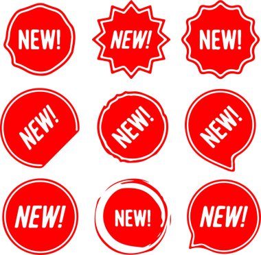 Yeni bir etiket, düğme, pul, kupon, kurdele, etiket etiketinin mükemmel yuvarlak kırmızı simgesi. Şeffaf bir arkaplanda izole edilmiş. Basit düz tasarım