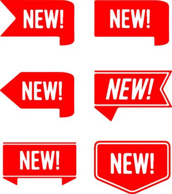 Yeni bir etiket etiketinin piksel kırmızı simgesi. Düğme, pul, kupon, kurdele, etiket. Şeffaf bir arkaplanda izole edilmiş. Basit düz tasarım