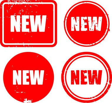 Yeni bir etiket etiketinin piksel kırmızı simgesi. Düğme, pul, kupon, kurdele, etiket. Şeffaf bir arkaplanda izole edilmiş. Basit düz tasarım