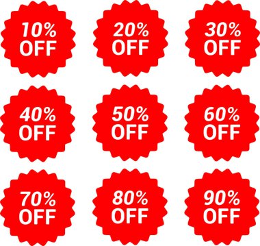 Piksel mükemmel satış tanıtım ikonu indirimi etiketi etiket etiketi etiketi etiketi pankartı% indirimi. Kırmızı vektör çizimi beyaz veya şeffaf arkaplanda izole edildi