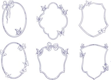 Düğün davetiyesi için çift yönlü şirin çerçeveli ince çizgili vektör seti. Bahar çiçeği kelebeği kavramı. Klasik tasarım klasik dekorasyonu.