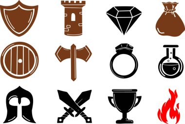 Ortaçağ RPG fantezi oyununun simgesi. Kale silahının simgeleri kılıç baltası savaş ödülü elmas kupa ateşi. Şeffaf arkaplanda vektör simgeleri izole edildi.