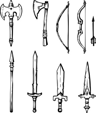 RPG fantezi oyunu için ikon silahlar. Ortaçağ savaş gereçleri, savaş gereçleri. Kılıç hançeri ok yayı. Şeffaf arkaplanda vektör simgeleri izole edildi.