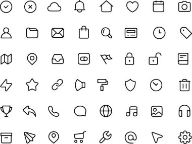 Modern UI Simge Kümesi Koleksiyonu. Uygulama Uygulaması ve Yazılım Arayüzü Tasarımı için Temiz Minimal Sembolleri. Şeffaf sırtüstü izole edilmiş ince çizgi simgeleri.