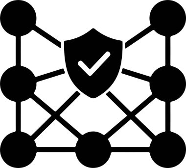 Güvenlik kalkanına bağlı ağ simgesi. Siber güvenlik kavramı, internet, bilgisayar ağı, topoloji, teknoloji, iletişim.