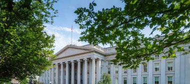 ABD Hazine Bakanlığı binası. Ekonomi kavramı finans faiz oranı para iş kur dolar finansal servet yatırım tasarruf kredi. Metin için alanı kopyala.