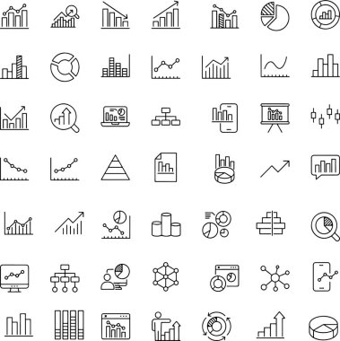 Grafik diyagramının simge kümesi istatistik analitik veri görselleştirmesi. Düzenlenebilir felç. İnce çizgi simgeleri, çizimler.