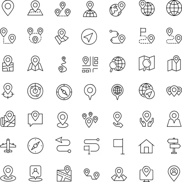 Konum navigasyon güzergahının simge kümesi harita saptırma konumu varış noktası. Düzenlenebilir felç. İnce çizgi simgeleri çizimleri.
