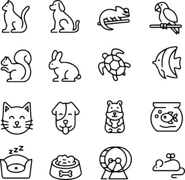 Evcil hayvan ikonlarının hayvan adapte olması. Düzenlenebilir felç. İnce çizgi simgeleri koleksiyonu, düz çizimler.