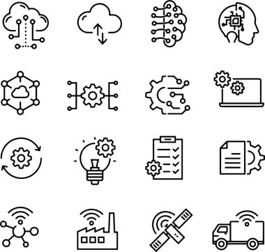 Endüstri 4.0 teknoloji otomasyonu, iot, internet, akıllı fabrika, bulut hesaplama, yapay zeka, makine öğrenme. Piksel mükemmel simgeler, düzenlenebilir vuruş
