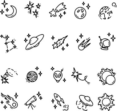 El çizimi uzay, yıldızlar, ay, gezegenler, kuyruklu yıldız, takımyıldız, uzay gemisi, astronot, uzaylı, güneş. Çizgi film simgeleri, düzenlenebilir vuruş.