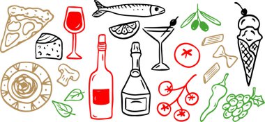 İtalyan mutfağı yemek takımının el yapımı ikonu. Pizza, fesleğen, şarap, domates, zeytinyağı, dondurma, üzüm. Piksel mükemmel simgeler, düzenlenebilir vuruş.