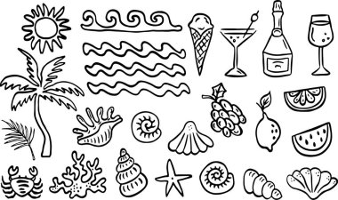 Yaz, sahil, deniz, güneş, dalgalar, palmiye, ağaç, deniz kabukları, kokteyl, dondurma ikonu. Piksel mükemmel simgeler, düzenlenebilir vuruş.
