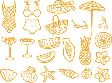 Yaz ikonu, bikini, plaj, güneş, meyve, deniz kabuğu, kokteyl, dondurma. Şeffaf arkaplanda izole.