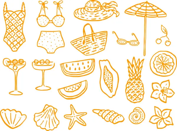 Yaz ikonu, bikini, plaj, güneş, meyve, deniz kabuğu, kokteyl, dondurma. Şeffaf arkaplanda izole.