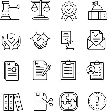 Kanunlara uymak için hazırlanan ince çizgi simgesi adalet hukuku mahkemesi anlaşma sözleşmesi el sıkışma onay mevzuat yönetim sertifika politikası düzenlemesi belgeleri. Piksel mükemmel simgeler düzenlenebilir vuruş.