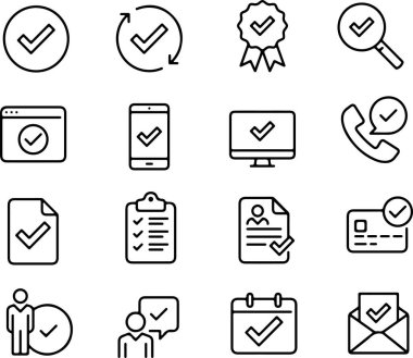 Onaylama için ayarlanan ince çizgi simgesi onay doğrulama doğrulama doğrulama onayı onaylanmış onaylanmış onay onayı. Piksel mükemmel simgeler düzenlenebilir vuruş.