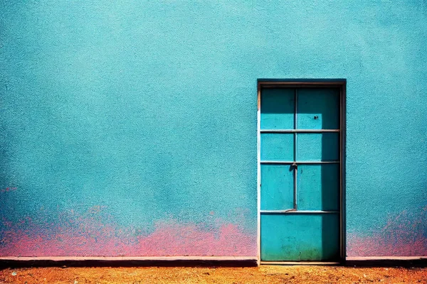 映画の照明と風化したテクスチャの壁のイラスト 青い扉のあるパステルブルーの壁 — ストック写真