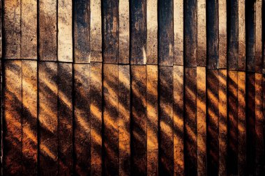 Sinema aydınlatmalı yıpranmış bir duvar çizimi. Çapraz ışıklandırılmış dikey kahverengi ahşap duvar.