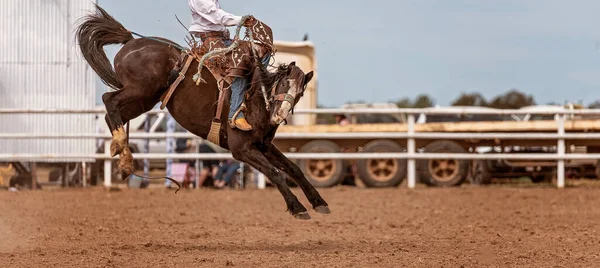 Cowboy Rijden Een Bucking Zadel Bronc Een Land Rodeo Australië — Stockfoto