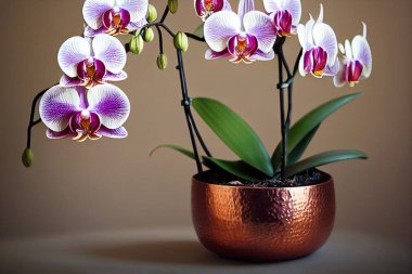 Creative and still life illustration of purple orchid flowers in a shiny copper pot on a table. clipart