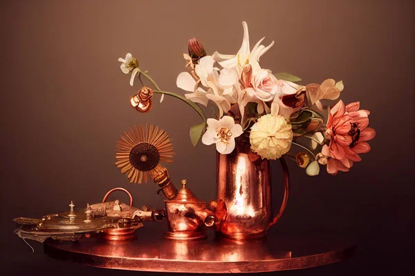 Creative still life illustration of flowers in a shiny copper vase and other copper ornaments on a table.