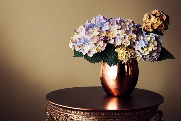 Creative Still Life Illustration Beautiful Hydrangea Flowers Shiny Copper Vase — Stock Photo, Image