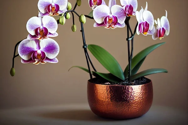 Kreativní Zátiší Ilustrace Fialových Orchidejí Lesklém Měděném Květináči Stole — Stock fotografie