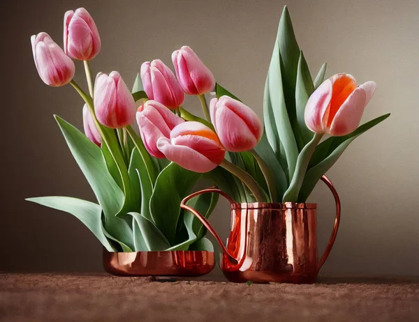 Creative Still Life Illustration Beautiful Tulip Flowers Shiny Copper Pots — Stock Photo, Image