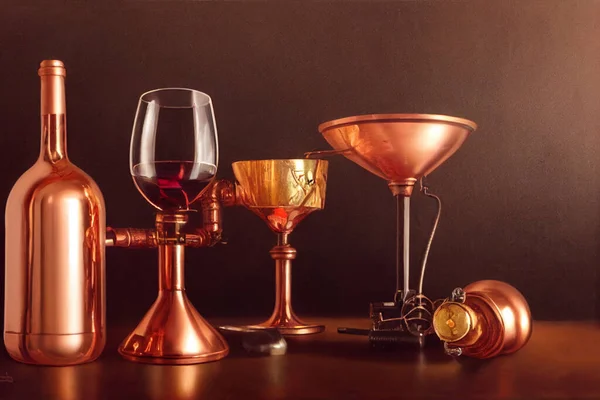 Creative and still life illustration of a wine glass and shiny copper goblets on a table.