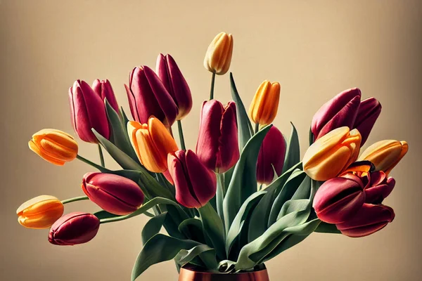 Creative Still Life Illustration Bunch Beautiful Tulip Flowers Light Cream — Stock Photo, Image