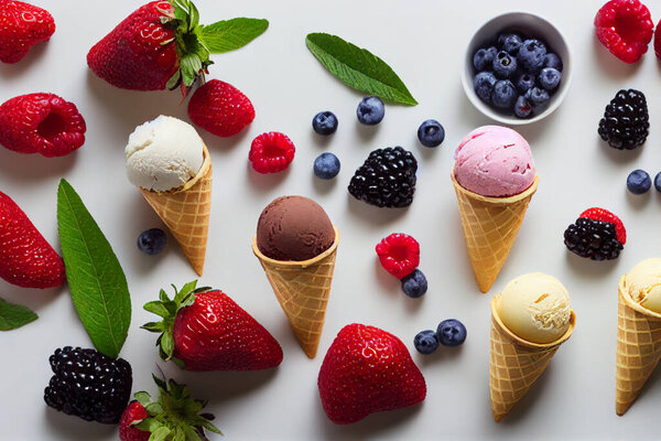 Food illustration - flatlay of icecream cones with varied flavors of icecream, intermingled with strawberries, blackberries, raspberries and blueberries.