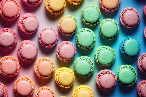 Food illustration - a collection of multi colored macaroons flatlay.