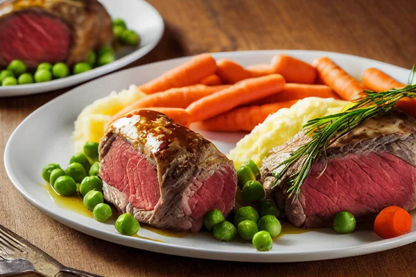 Food illustration - Filet of Beef Wellington with Gravy Red Wine and mashed potatoes and vegetables including carrots and peas.