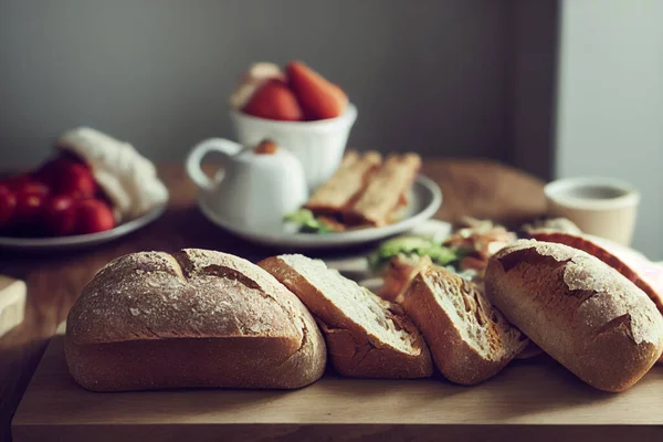 食品说明 全麦面包和面包的前景与水果背景的碗 — 图库照片