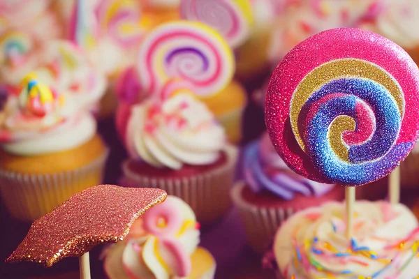 설탕고치기 파스텔 색깔의 음식으로 축하하기에 예이다 케이크와 롤리팝 — 스톡 사진