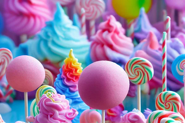 Candy illustration - excellent for a sugar fix, birthday celebrations with pastel colored fantasy food. Cupcakes and lollipops party food.
