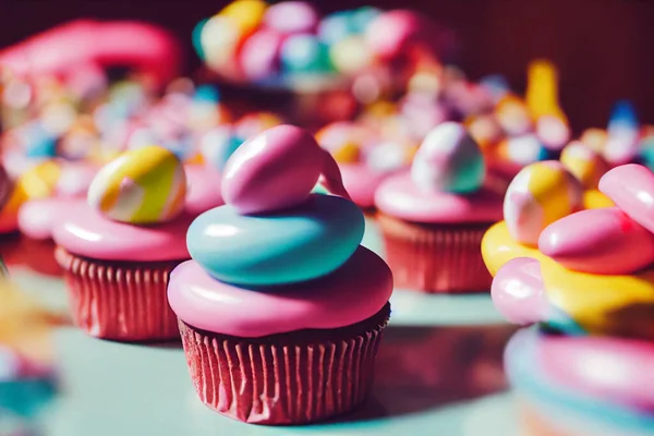 설탕고치기 파스텔 색깔의 음식으로 축하하기에 예이다 케이크와 롤리팝 — 스톡 사진