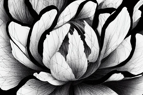 Line art drawing illustration, black and white with crisp lines. A creative peony flower.
