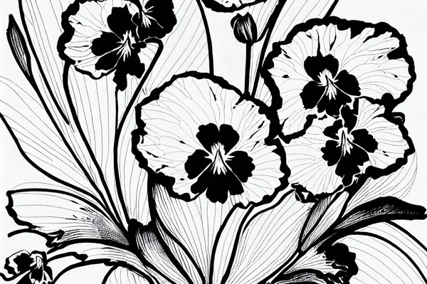 Lijntekening Illustratie Zwart Wit Met Scherpe Lijnen Bonte Bloemen — Stockfoto