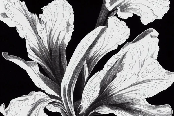 Vonalrajz Illusztráció Fekete Fehér Ropogós Vonalakkal Egy Írisz Virág — Stock Fotó