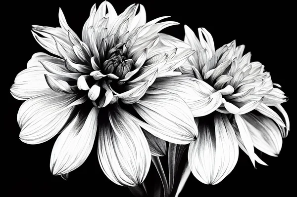 Vonalrajz Illusztráció Fekete Fehér Ropogós Vonalakkal Dahlia Virágok — Stock Fotó