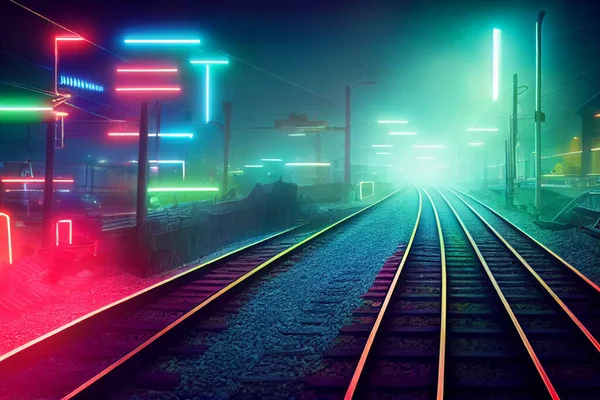 Neon lighting illustration of brightly glowing, electrified glass tubes or bulbs that contain rarefied neon or other gases. Neon lit railway tracks.