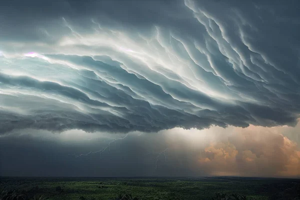 Kreativ Illustration Moln Himlen Storm Moln Med Blixtnedslag Över Sädesfält — Stockfoto