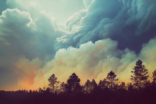 Kreative Illustration Von Wolken Himmel Wolken Über Einem Buschfeuer — Stockfoto