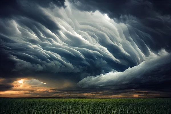 Kreative Illustration Von Wolken Himmel Gewitterwolken Über Grünen Feldern — Stockfoto