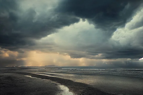 Ilustración Creativa Nubes Cielo Nubes Tormenta Sobre Una Playa Solitaria Imagen De Stock