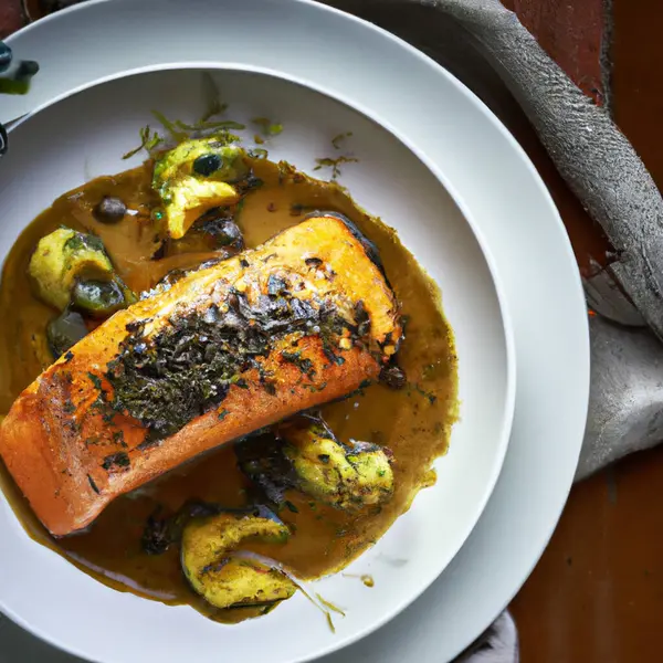 stock image Food illustration of oven-roasted salmon with mustard and a maple syrup glaze on a white plate.